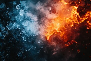 Fiery orange flames clash with icy blue fragments and smoke. Illustrates contrasting elements, perfect for designs on conflict, duality, or balance.