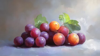 Vibrant still life of fresh grapes and apricots with lush green leaves, showcasing natural beauty and inviting freshness for culinary and wellness themes.