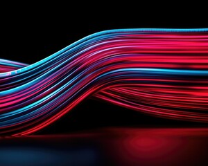 Colorful, glowing waves of light in blue and red create a dynamic visual effect against a dark background.
