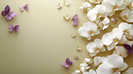 Elegant White Orchids and Purple Butterflies on Beige Background