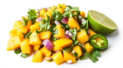 A refreshing mango salsa with diced mango, red onion, jalapeno