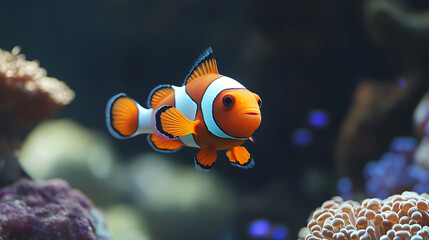 A colorful cartoon clownfish swimming in a coral reef  © thongsook