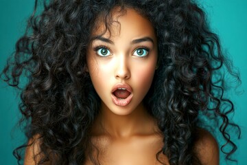 Fototapeta premium Commercial ad concept art concept art. Long hairdo - curly hair. Pretty very startled mixed-race girl - for ads, billboard and digital networks use. African american hair style trends.