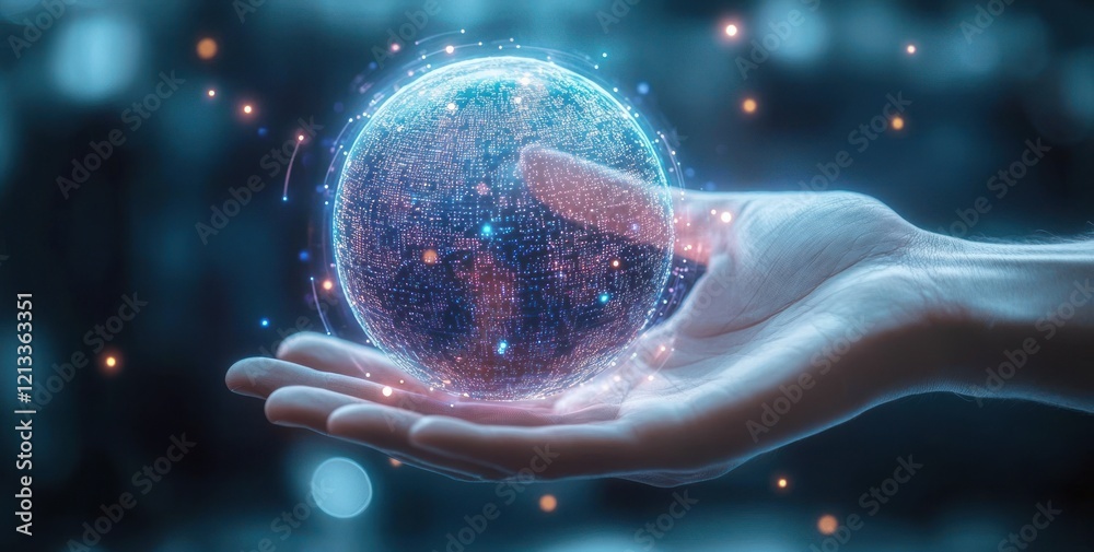 Aufkleber Futuristic Robot Hand Holding Digital Globe for Data Management and Automation with AI Technology
