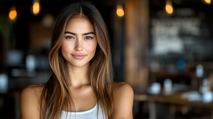 Obraz premium A young woman with long hair smiles softly while standing indoors in a cafe. Natural light floods the space, enhancing her friendly demeanor and the inviting atmosphere