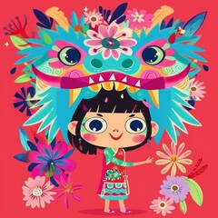 A young girl in traditional Chinese dress with a dragon mask on her head, surrounded by colorful flowers.