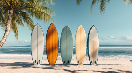 surfboards standing on the beach with palm trees and a blue sky in the background, a summer vacation concept