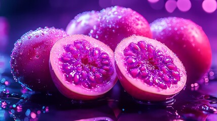 Vibrant, sliced passion fruits glistening with water droplets, set against a colorful, blurred background, perfect for fresh produce marketing and culinary themes.