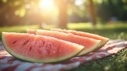 Slices of ripe watermelon are arranged on a colorful blanket in a vibrant park setting. Sunlight filters through trees, creating a refreshing atmosphere for summer enjoyment