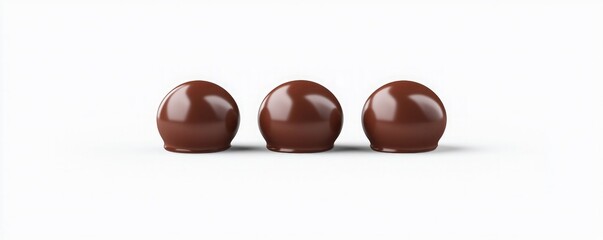 Fototapeta premium Three glossy chocolate truffles arranged in a row, showcasing their smooth surface and rich texture.