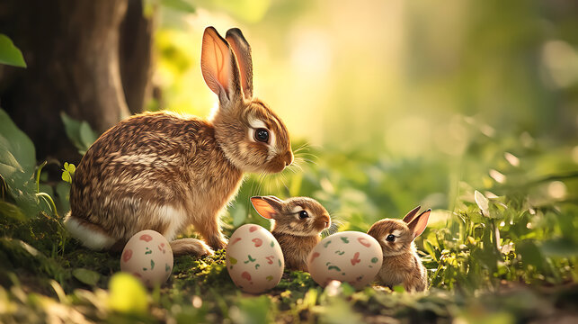Adorable bunny family hopping around Easter eggs 