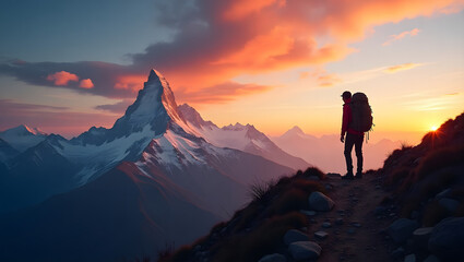 Fototapeta premium Photograph of a hiker silhouetted against a snowy mountain peak under a fiery orange sunset 