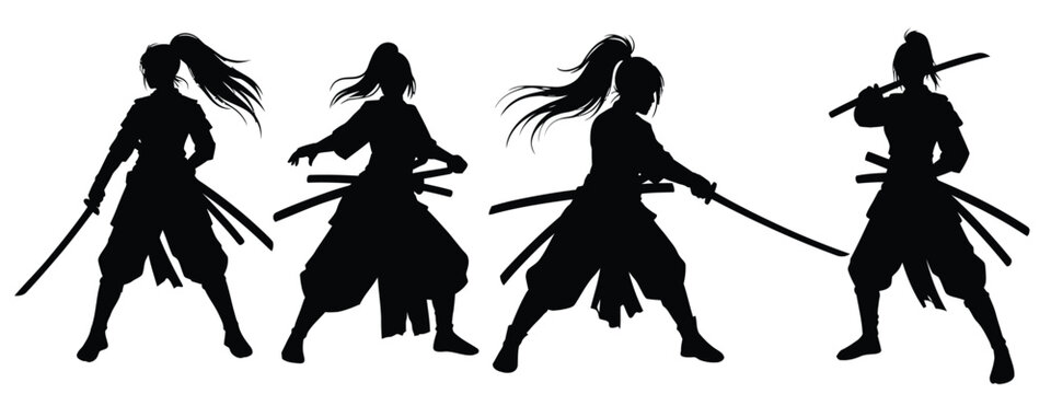  Set Of  Silhouettes of Female Samurai  vector illustration with white background
