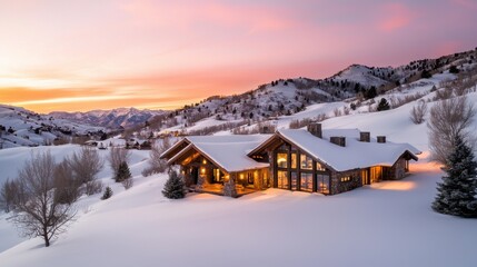 Cozy Snowy Cabin Nestled in the Scenic Mountain Landscape at Sunset