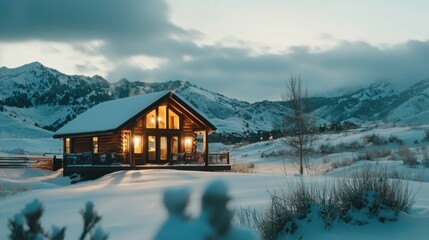 Obraz premium Cozy Cabin Nestled in Snowy Mountain Landscape Offering Peaceful Escape