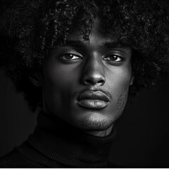 Male model thin aquiline nose long curly hair. Black man. Wow trends. Fashion. Elegant man. A seductive guy. Fatal man. Generated AI.