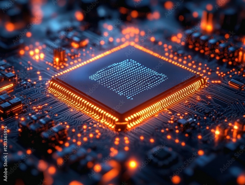 Poster Futuristic microchip with glowing circuitry in cyberpunk style illuminated with blue and orange lights