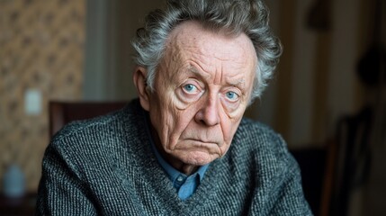 Elderly man pensive portrait, home interior.