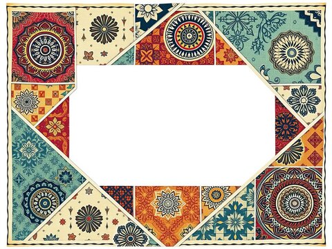 Vintage patchwork quilt pattern with hand-drawn Indian, Arabic, and Turkish motifs in a colorful mosaic style for fabric or paper printing, patchwork, fabric, abstract