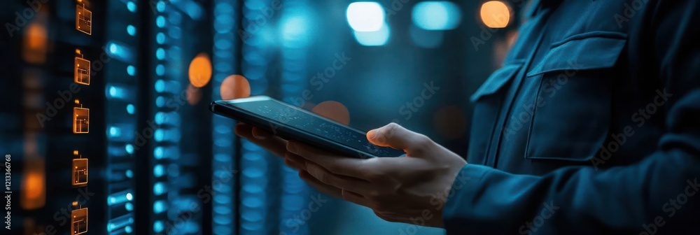 Poster technician in server room using tablet surrounded by advanced technology and blinking lights