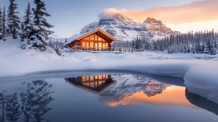 Cozy Cabin Reflected in Serene Frozen Lake at Sunset in Snowy Mountains