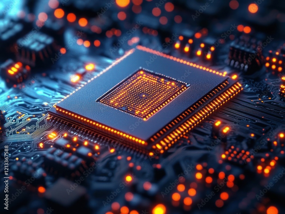 Poster Futuristic Quantum Computer Microchip with Glowing Blue Orange Circuitry in Cyberpunk Style Dramatic Lighting