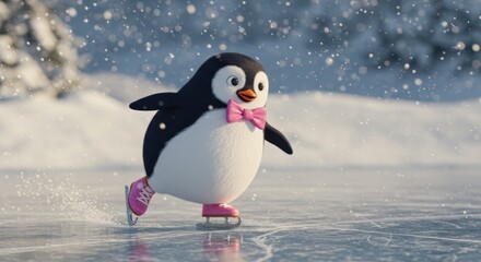 Naklejka premium Charming Penguin Ice Skating: A Whimsical Winter Scene