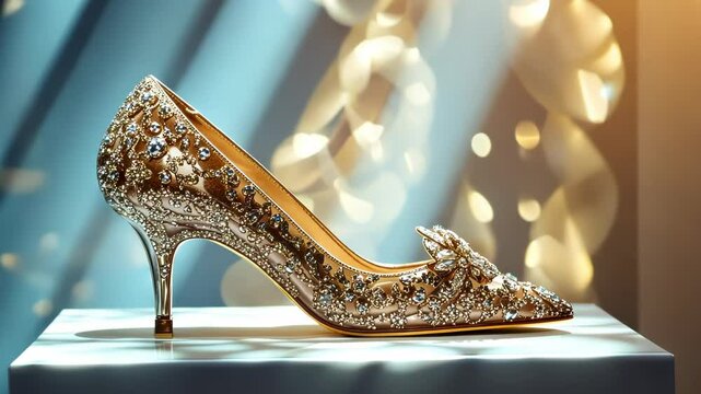 Exquisite golden heel rests elegantly, showcasing intricate designs and sparkle in a vibrant atmosphere filled with light. Generative AI