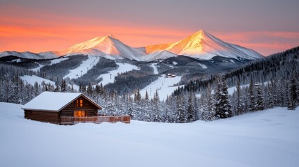 Fototapeta premium Stunning Snowy Mountain Cabin Overlooking Majestic Peaks at Sunset