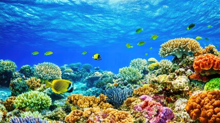 Fototapeta premium A high-angle view of a healthy, vibrant coral reef with clear blue water, leaving space for copy