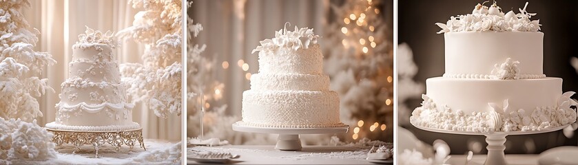 Three White Wedding Cakes Decorated with Sugar Flowers and Icing