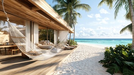 Luxurious tropical beach villa with hammock and stunning oceanfront view