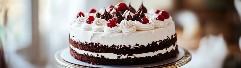 Chocolate Cake with White Frosting, Chocolate Curls, and Cherries