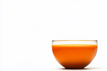 Glass bowl filled with vibrant orange liquid, isolated on white background.