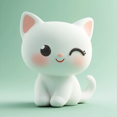 Adorable 3D rendered white kitten winking, sitting on a green background.