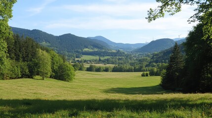 Fototapeta premium A peaceful, green valley with wind turbines in the distance, symbolizing carbon reduction through sustainable energy, with space above for text