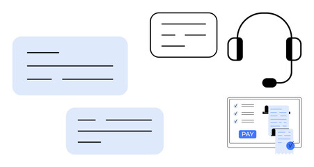 Obraz premium Headset and text bubbles indicating customer support, alongside tablet displaying online payment interface. Ideal for customer service, e-commerce, online payments, communication, tech support
