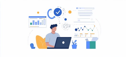 Man working on laptop, analyzing data charts and graphs.