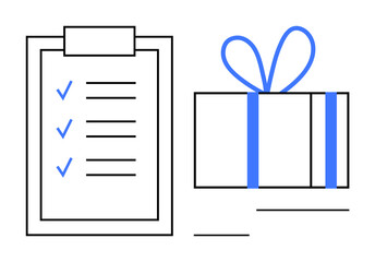 Checklist with completed tasks and a wrapped gift box with a bow. Ideal for productivity, task completion, reward system, goal achievement, project planning, recognition, and celebration. Line