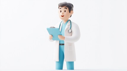Obraz premium Cheerful 3D cartoon doctor holding clipboard.