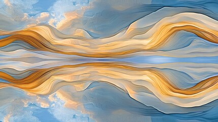 A serene view of undulating waves, with soft clouds mirrored on the water's surface, captured during golden hour