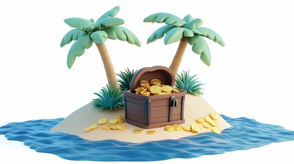 Obraz premium Treasure chest overflowing with gold coins on a tropical island with palm trees.