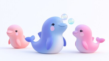 Three cute cartoon dolphins, pink and blue, swimming and blowing bubbles on white background.