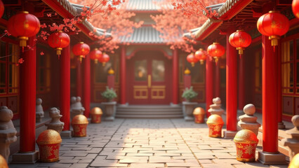 Fototapeta premium Chinese New Year Temple Courtyard - 3D renderings