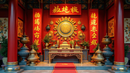 Fototapeta premium Chinese Temple Altar, Gold & Red Decor - Asian-inspired design