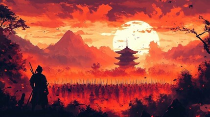 Vibrant Sunset Samurai Silhouette Facing Army in Traditional Japanese Landscape Illustration
