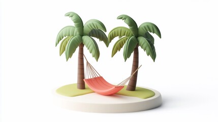 Obraz premium 3D render of a hammock between two palm trees on a small island.
