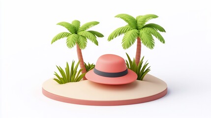 Obraz premium Pink sun hat on a tropical island with palm trees.