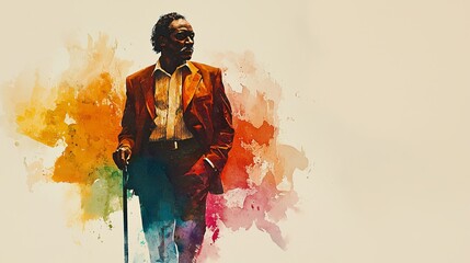 Fototapeta premium Stylish Man in Brown Suit Against Colorful Abstract Background