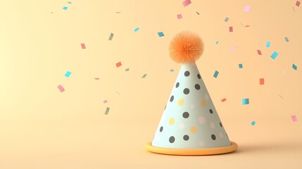 Festive party hat with confetti on pastel background.